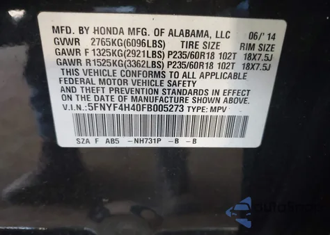 2015 Honda Pilot Ex z USA, uszkodzony, nr VIN 5FNYF4H40FB005273